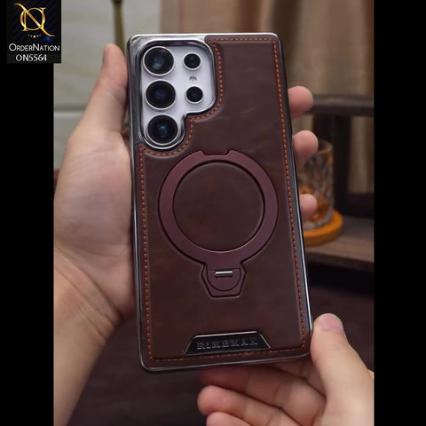 Samsung Galaxy S26 Ultra - Coffee Brown - New Rimbmax High Quality Leather Case With Metal Camera Ring And KickStand
