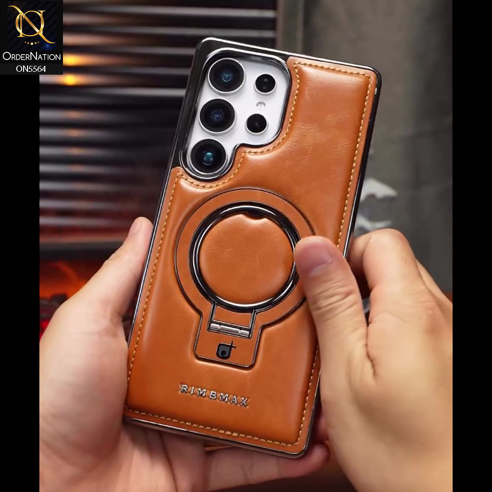 Samsung Galaxy S26 Ultra - Brown - New Rimbmax High Quality Leather Case With Metal Camera Ring And KickStand