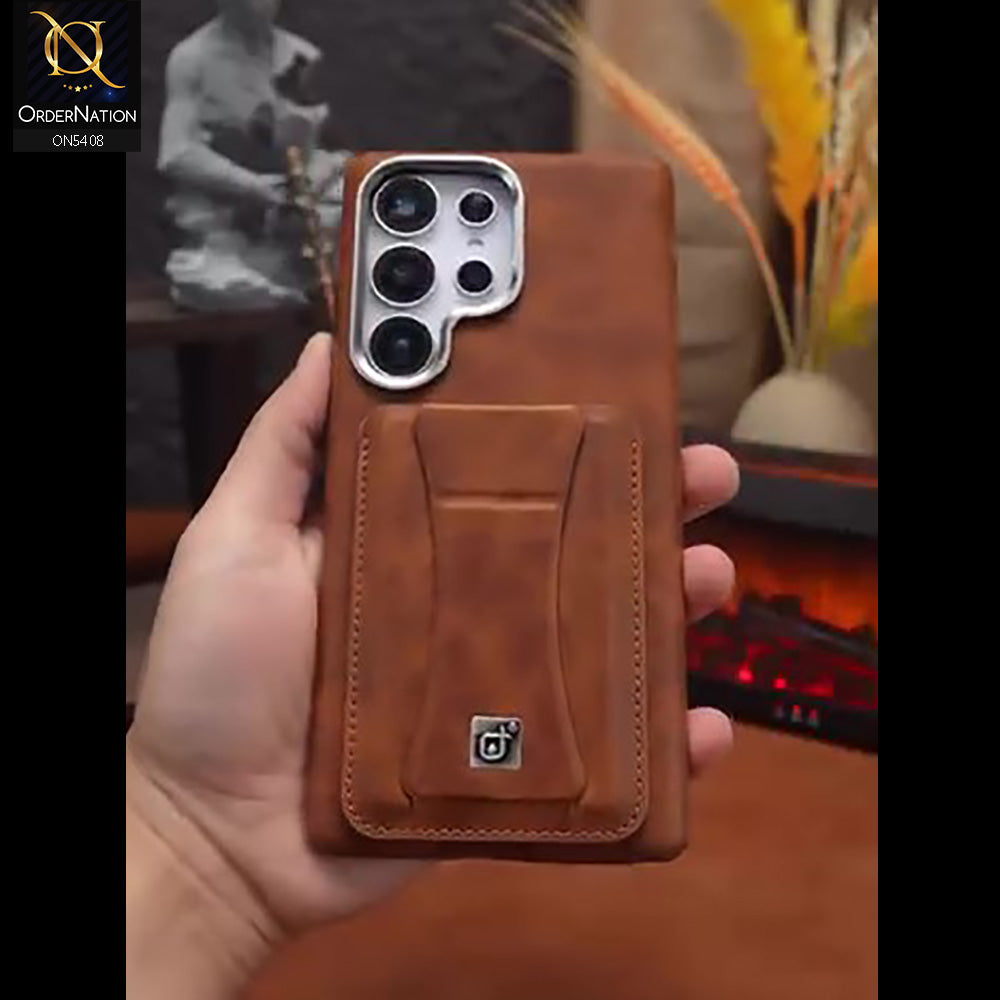 Samsung Galaxy S26 Ultra - Brown - Rimbmax Premium Leather Protective Case With Portable Folding Bracket Card Holder