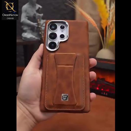 Samsung Galaxy S26 Ultra - Brown - Rimbmax Premium Leather Protective Case With Portable Folding Bracket Card Holder