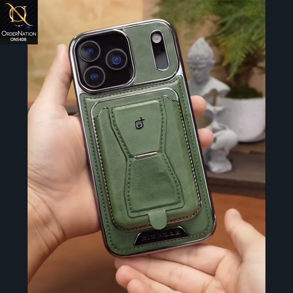iPhone 17 Pro Max Cover - Green - Rimbmax Premium Leather Protective Case With Portable Folding Bracket Card Holder