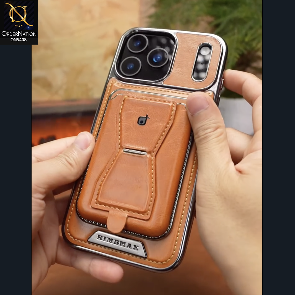 iPhone 17 Pro Max Cover - Brown - Rimbmax Premium Leather Protective Case With Portable Folding Bracket Card Holder