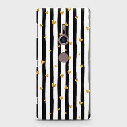 Sony Xperia XZ3 Cover - Trendy Black & White Lining With Golden Hearts Printed Hard Case with Life Time Colors Guarantee ( Fast Delivery )