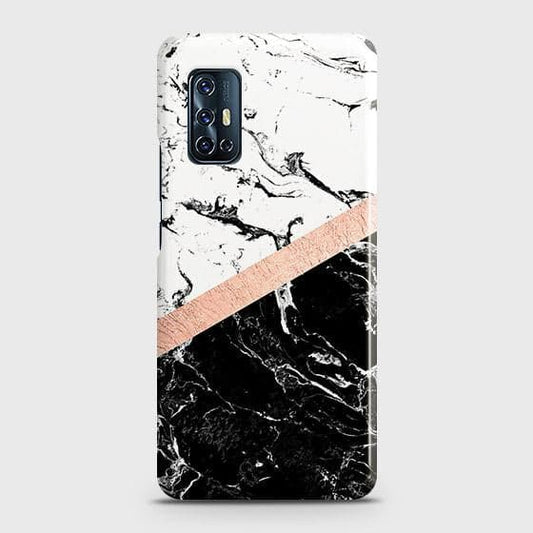 Vivo V19 Neo Cover - Black & White Marble With Chic RoseGold Strip Case with Life Time Colors Guarantee(1b29) ( Fast Delivery )