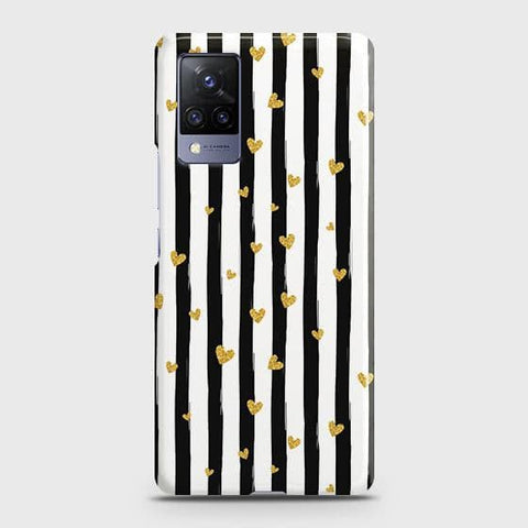 Vivo V21 Cover - Trendy Black & White Lining With Golden Hearts Printed Hard Case with Life Time Colors Guarantee ( Fast Delivery )