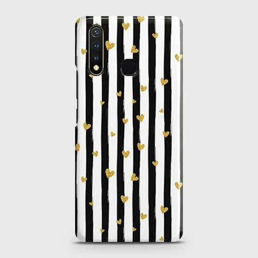 Vivo Y19 Cover - Trendy Black & White Lining With Golden Hearts Printed Hard Case with Life Time Colors Guarantee ( Fast Delivery )