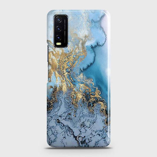 Vivo Y20s Cover - Trendy Golden & Blue Ocean Marble Printed Hard Case with Life Time Colors Guarantee (Fast Delivery)