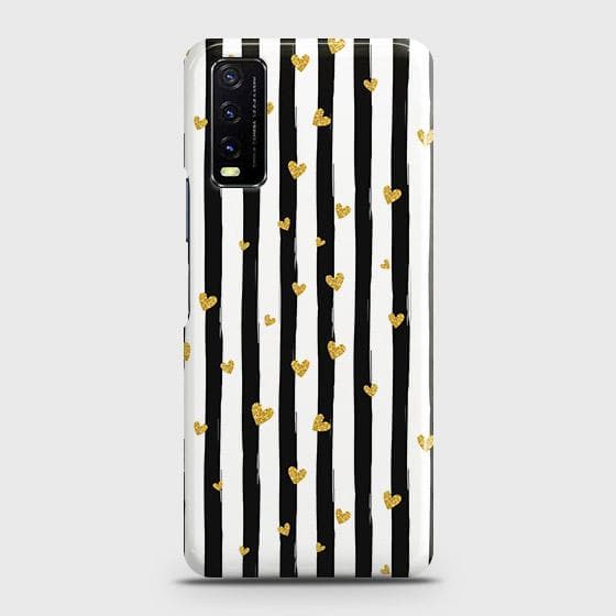 Vivo Y12a Cover - Trendy Black & White Strips With Golden Hearts Printed Hard Case with Life Time Colors Guarantee b60 ( Fast Delivery )