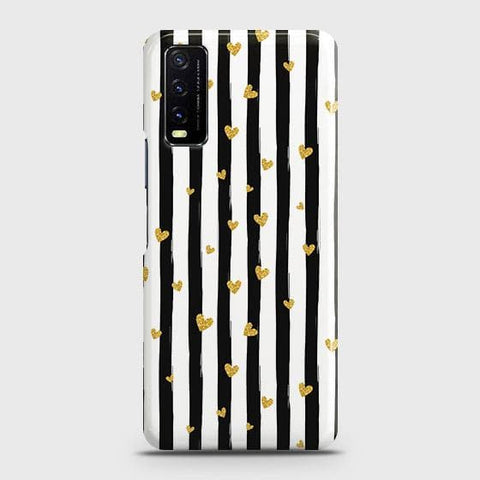 Vivo Y12a Cover - Trendy Black & White Strips With Golden Hearts Printed Hard Case with Life Time Colors Guarantee b60 ( Fast Delivery )