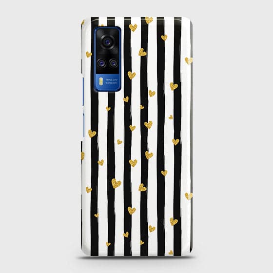 Vivo Y53s 4G Cover - Trendy Black & White Strips With Golden Hearts Printed Hard Case with Life Time Colors Guarantee ( Fast Delivery )