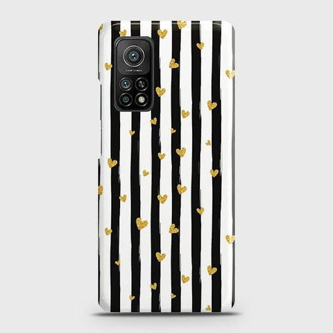 Xiaomi Mi 10T Pro Cover - Trendy Black & White Lining With Golden Hearts Printed Hard Case with Life Time Colors Guarantee B79 B81 (Fast Delivery)