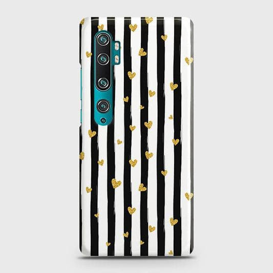 Xiaomi Mi Note 10 Pro Cover - Trendy Black & White Lining With Golden Hearts Printed Hard Case with Life Time Colors Guarantee (Fast Delivery)