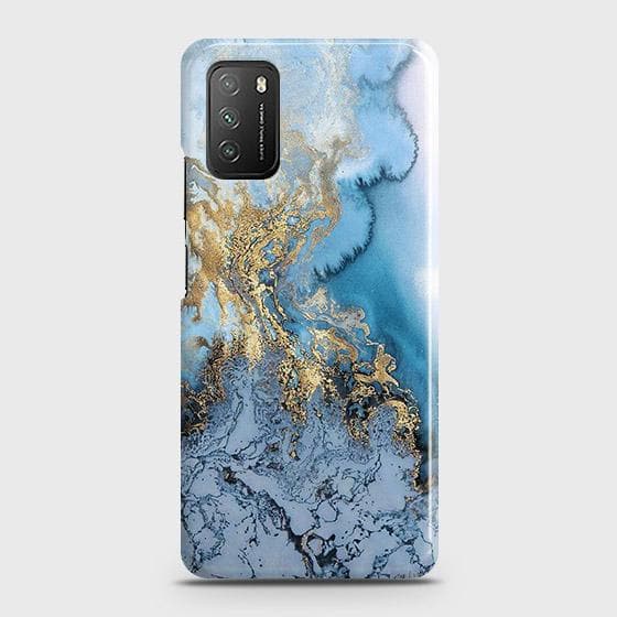 Xiaomi Redmi 9T Cover - Trendy Golden & Blue Ocean Marble Printed Hard Case with Life Time Colors Guarantee (Fast Delivery)