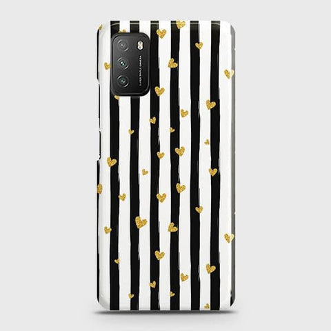 Xiaomi Redmi 9T Cover - Trendy Black & White Lining With Golden Hearts Printed Hard Case with Life Time Colors Guarantee (Fast Delivery)