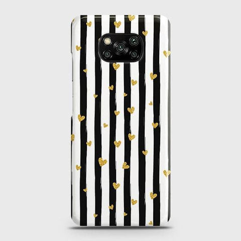 Xiaomi Poco X3 Cover - Trendy Black & White Lining With Golden Hearts Printed Hard Case with Life Time Colors Guarantee (Fast Delivery)