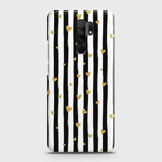 Xiaomi Redmi 9 Cover - Trendy Black & White Lining With Golden Hearts Printed Hard Case with Life Time Colors Guarantee ( Fast Delivery )