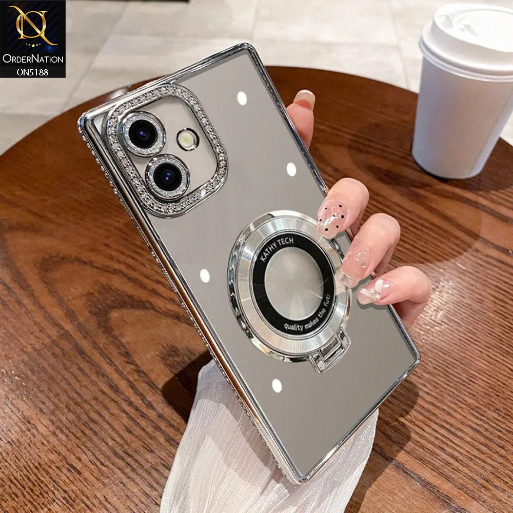 Samsung Galaxy F07 Cover - Silver - Luxury Diamond Rhinestones Color Electroplating Borders Magsafe Magnetic Stand Holder Soft Clear Case With Camera Protection