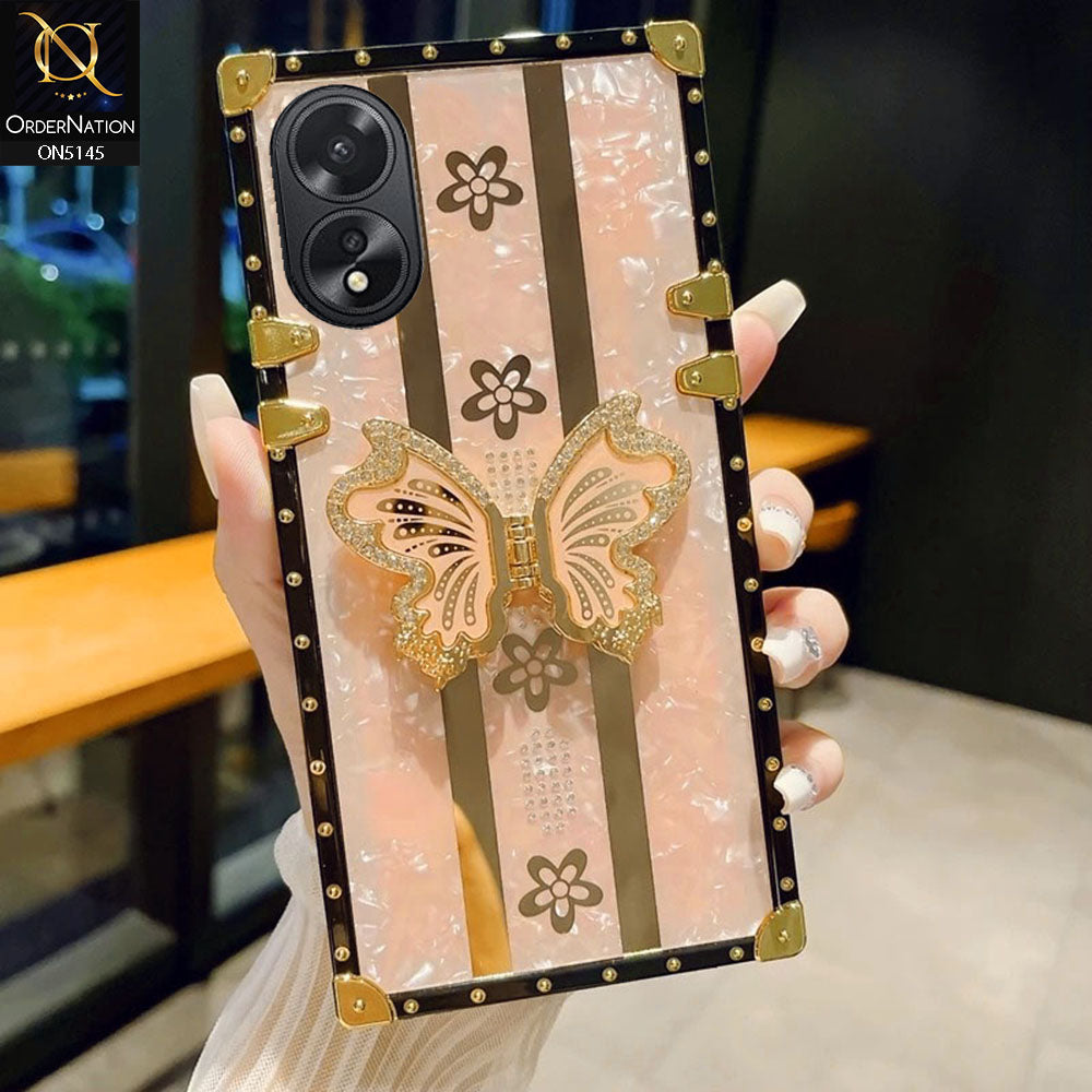 Oppo A18 - Rose Gold - Luxury Shiny Rhinestone Butterfly Electroplated Square Trunk Soft Case