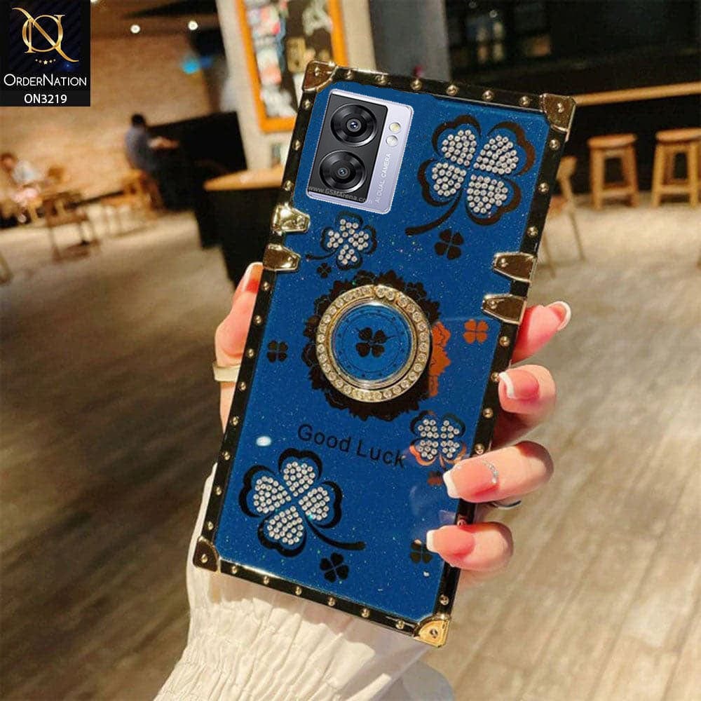 Oppo A57e Cover - Blue - Square Bling Diamond Glitter Soft TPU Trunk Case with Ring Holder