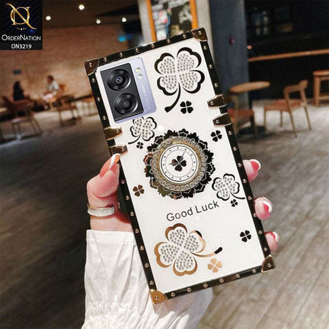Oppo A57 4G 2022 Cover - Ash White - Square Bling Diamond Glitter Soft TPU Trunk Case with Ring Holder