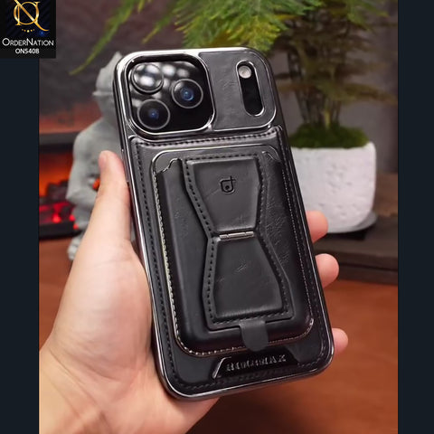 iPhone 17 Pro Max Cover - Black - Rimbmax Premium Leather Protective Case With Portable Folding Bracket Card Holder