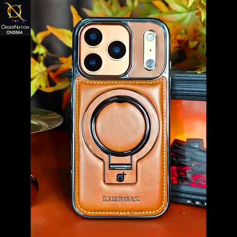 iPhone 17 Pro Max - Brown - New Rimbmax High Quality Leather Case With Metal Camera Ring And KickStand