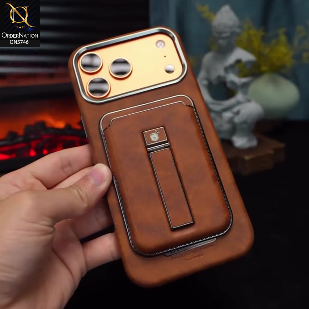 iPhone 17 Pro Max Cover - Brown - New Premium RimbMax High Quality Leather  Case With Premium Quality Magnatic Card Holding Options And KickStand