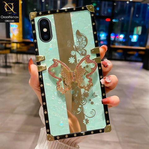 iPhone XS / X Cover - Aqua -  Luxury Shiny Rhinestone Butterfly Electroplated Square Trunk Soft Case