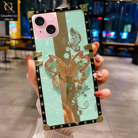 iPhone 15 Cover - Aqua -  Luxury Shiny Rhinestone Butterfly Electroplated Square Trunk Soft Case