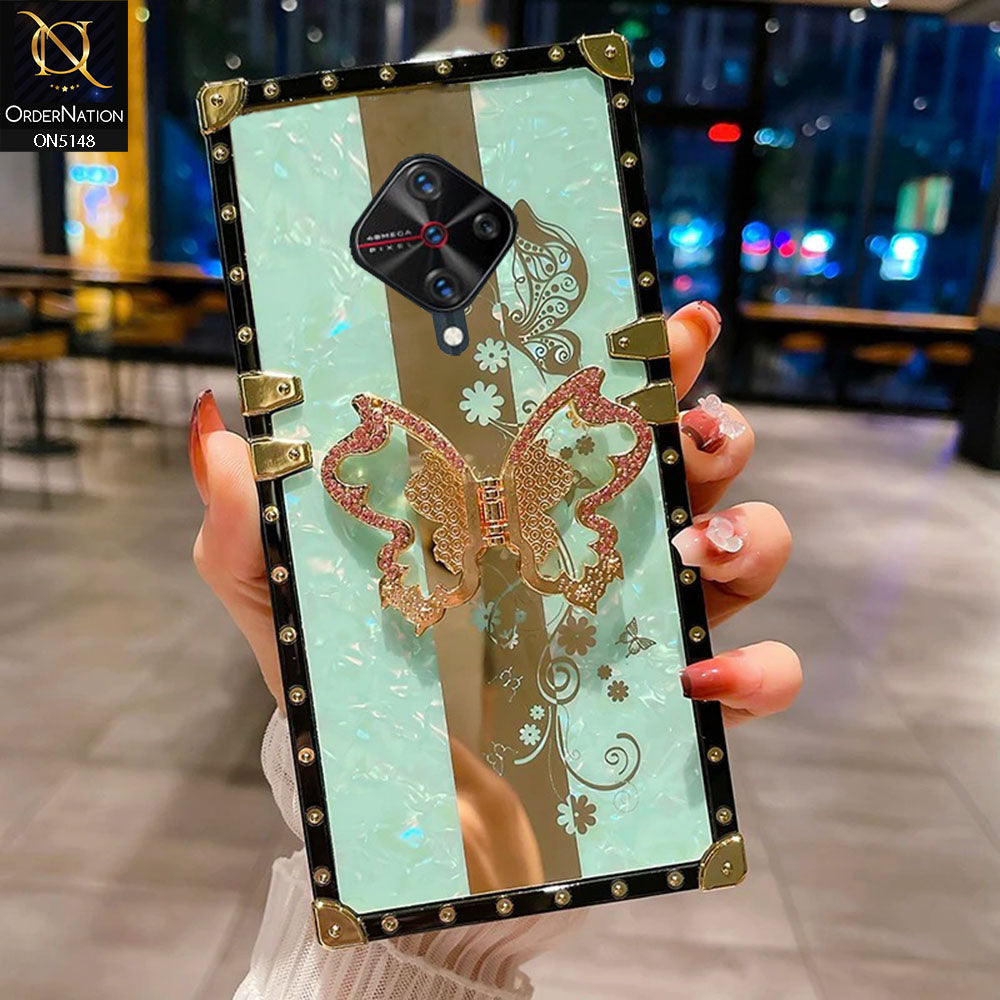 Vivo Y51 (2020 September) Cover - Aqua -  Luxury Shiny Rhinestone Butterfly Electroplated Square Trunk Soft Case
