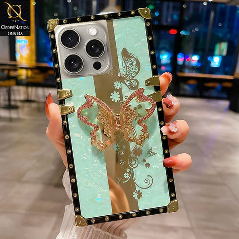iPhone 15 Pro Cover - Aqua -  Luxury Shiny Rhinestone Butterfly Electroplated Square Trunk Soft Case