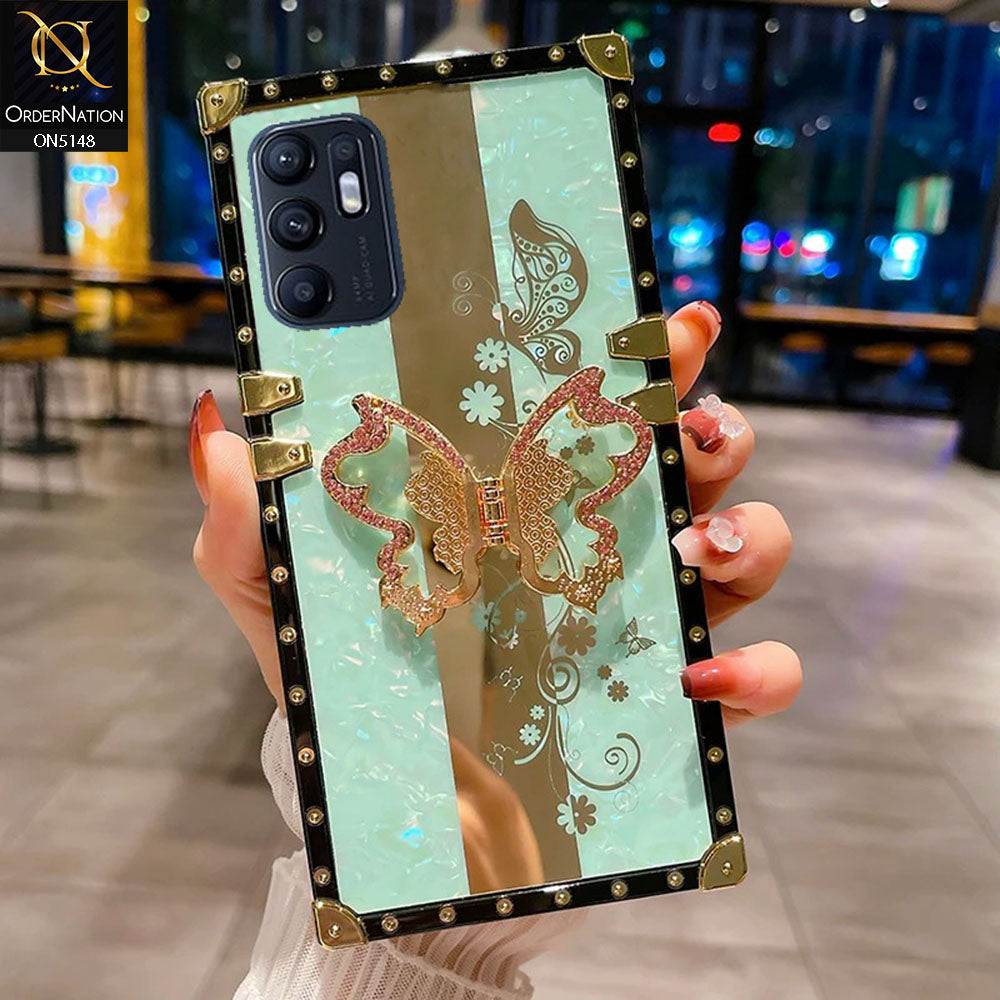 Oppo Reno 6 Cover - Aqua -  Luxury Shiny Rhinestone Butterfly Electroplated Square Trunk Soft Case