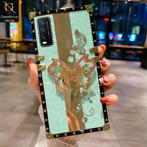 Vivo Y20s Cover - Aqua -  Luxury Shiny Rhinestone Butterfly Electroplated Square Trunk Soft Case