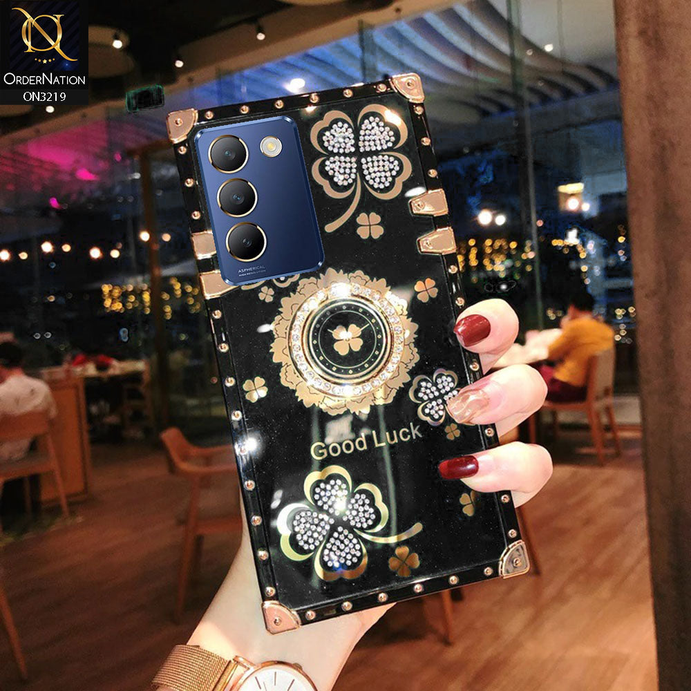 Vivo Y200e Cover - Black - Square Bling Diamond Glitter Soft TPU Trunk Case with Ring Holder