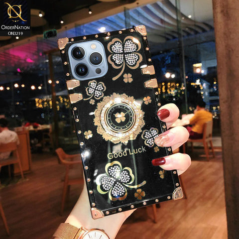 iPhone 13 Pro Max Cover - Black - Square Bling Diamond Glitter Soft TPU Trunk Case with Ring Holder