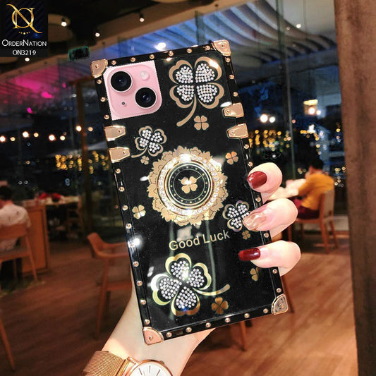 iPhone 15 Cover - Black - Square Bling Diamond Glitter Soft TPU Trunk Case with Ring Holder