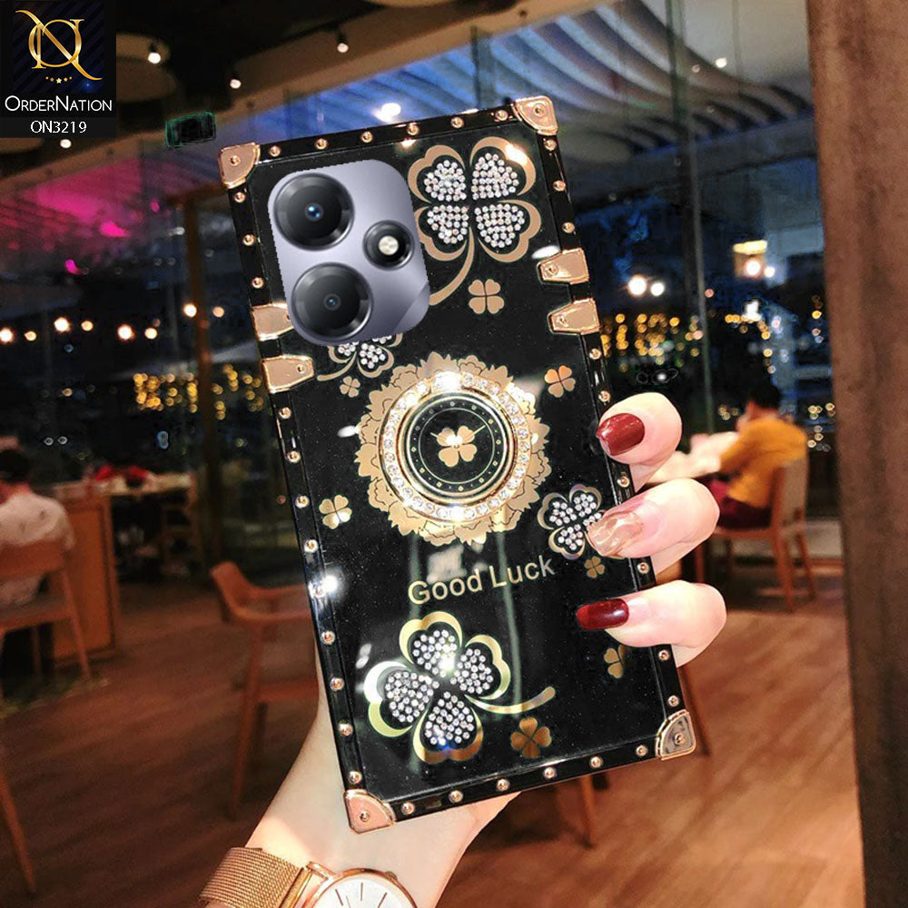 Infinix Hot 30 Play Cover - Black -  Square Bling Diamond Glitter Soft TPU Trunk Case with Ring Holder