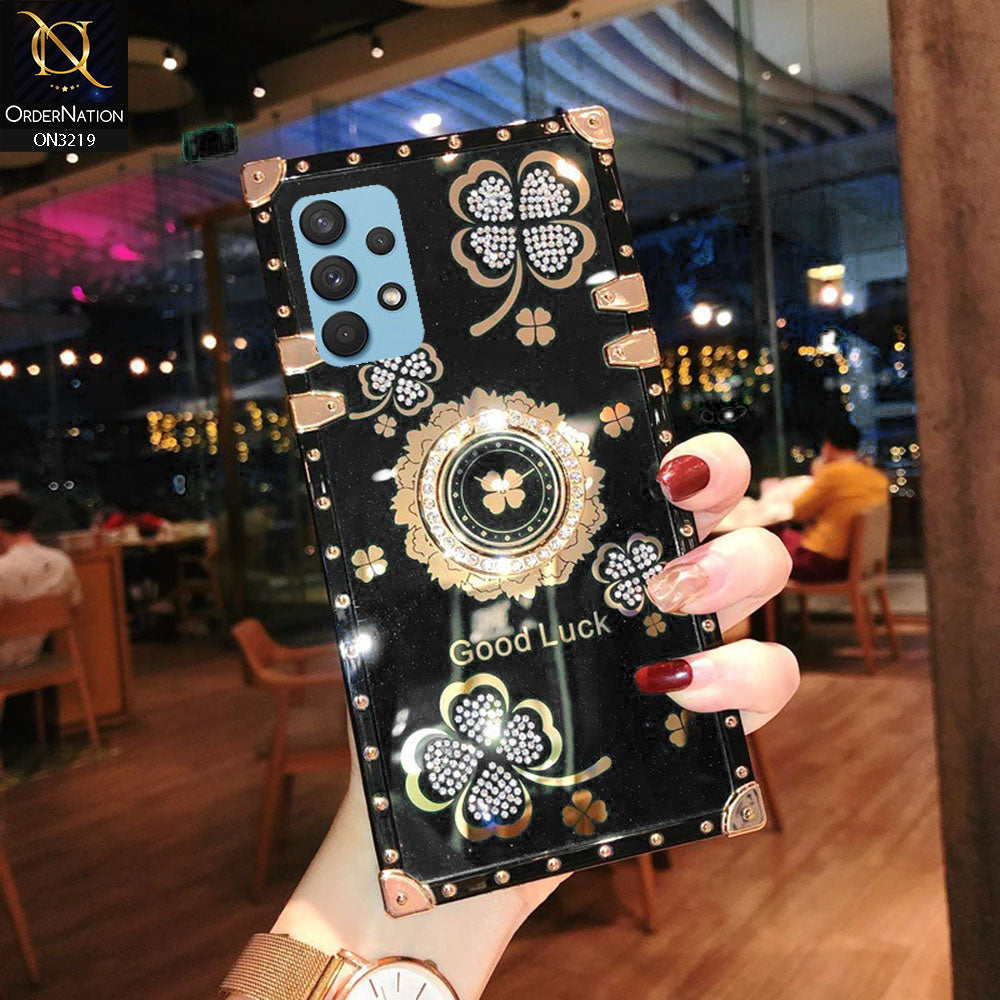 Samsung Galaxy A32 Cover - Black  - Square Bling Diamond Glitter Soft TPU Trunk Case with Ring Holder
