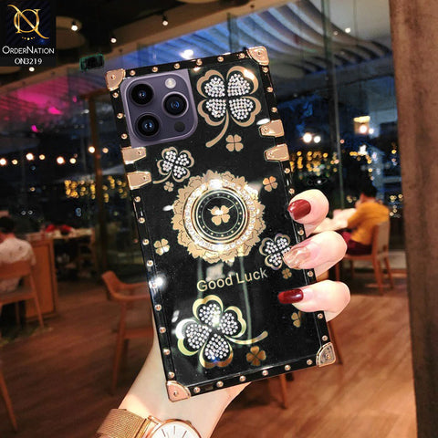 iPhone 14 Pro Max Cover - Black - Square Bling Diamond Glitter Soft TPU Trunk Case with Ring Holder