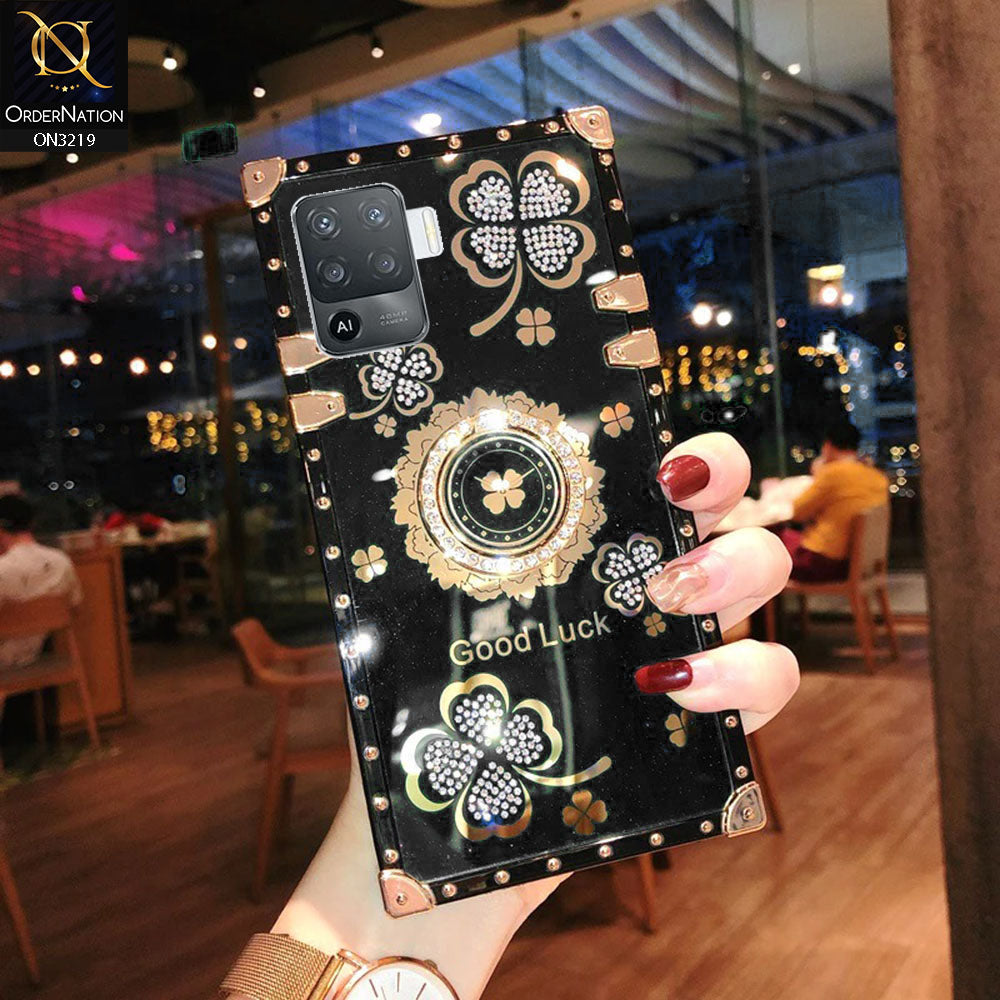 Oppo A94 Cover - Black  - Square Bling Diamond Glitter Soft TPU Trunk Case with Ring Holder