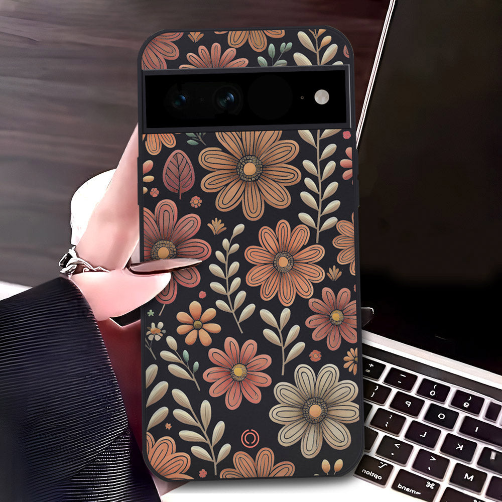 Google Pixel 7 Cover - Black - D4 - ONation Floral Series - HQ Liquid Silicone Soft Case