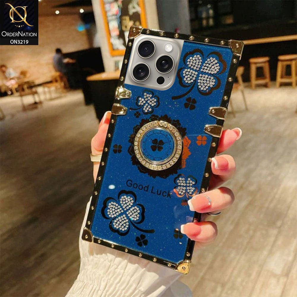 iPhone 15 Pro Max Cover - Blue - Square Bling Diamond Glitter Soft TPU Trunk Case with Ring Holder