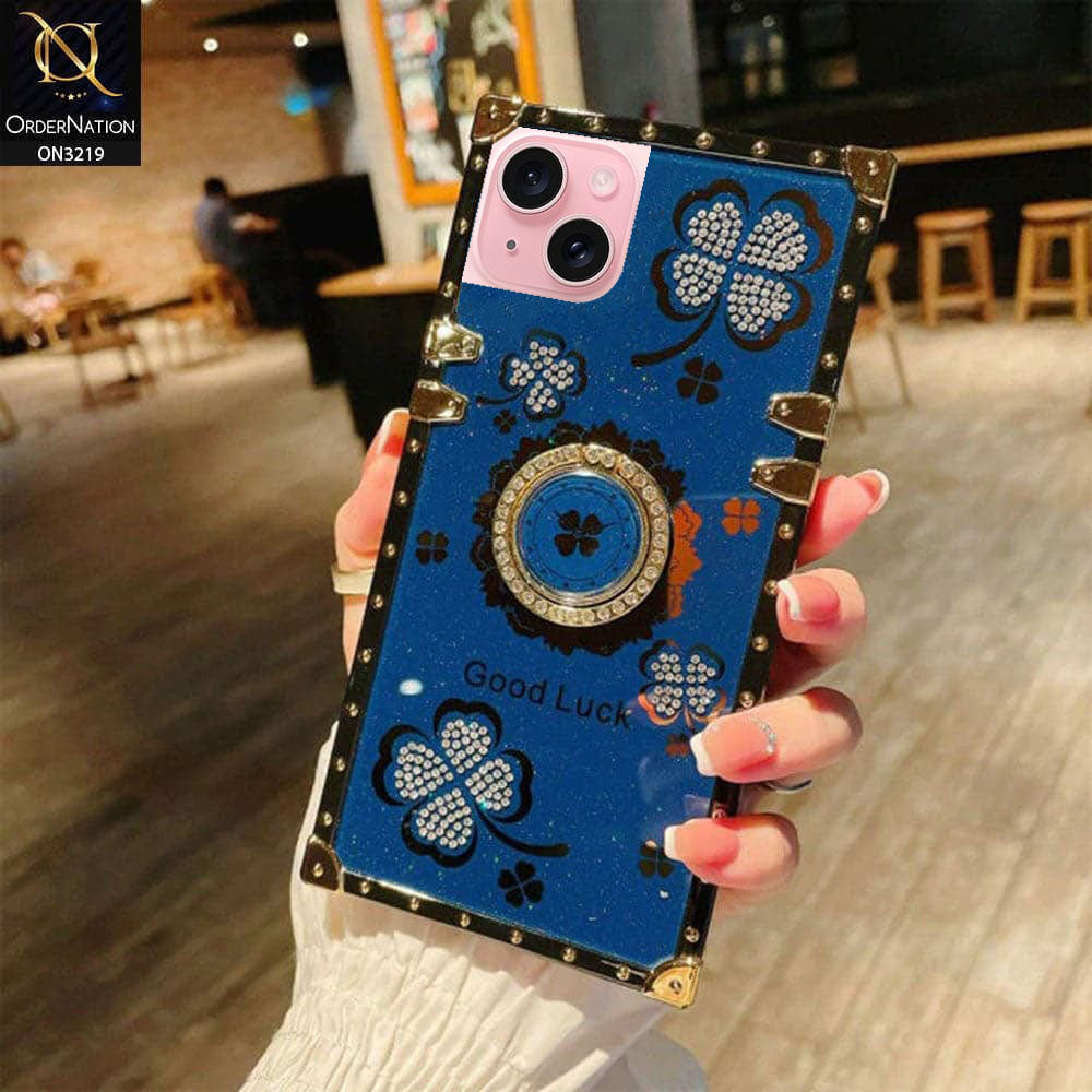 iPhone 15 Cover - Blue - Square Bling Diamond Glitter Soft TPU Trunk Case with Ring Holder