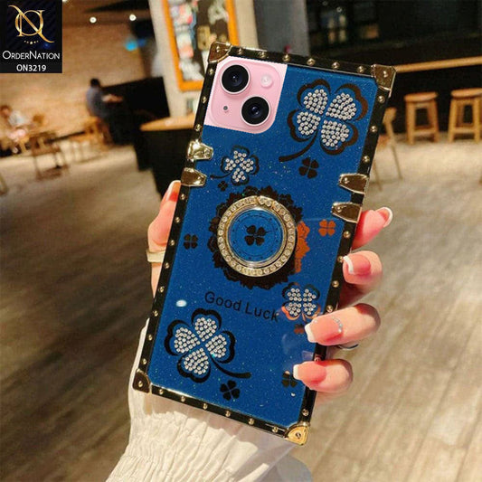 iPhone 15 Cover - Blue - Square Bling Diamond Glitter Soft TPU Trunk Case with Ring Holder