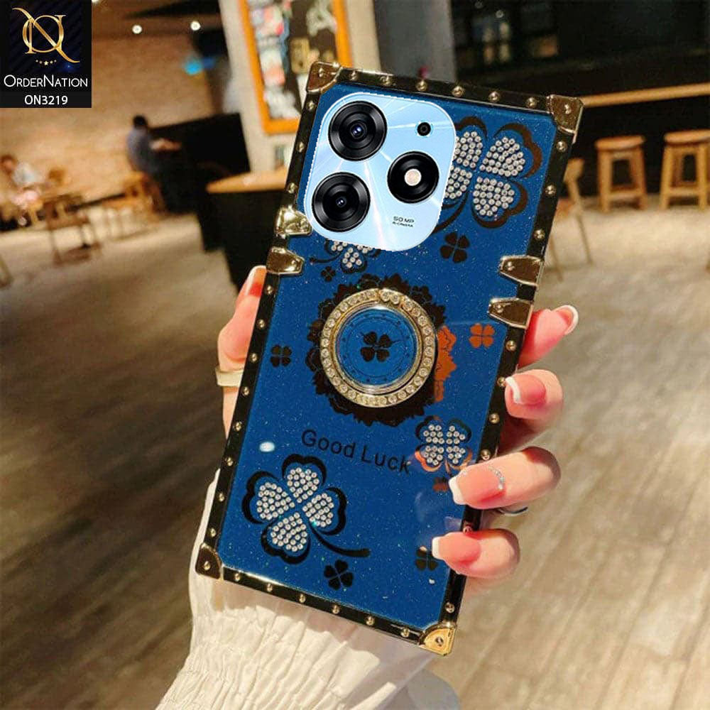Tecno Spark 10 Pro Cover - Blue - Square Bling Diamond Glitter Soft TPU Trunk Case with Ring Holder