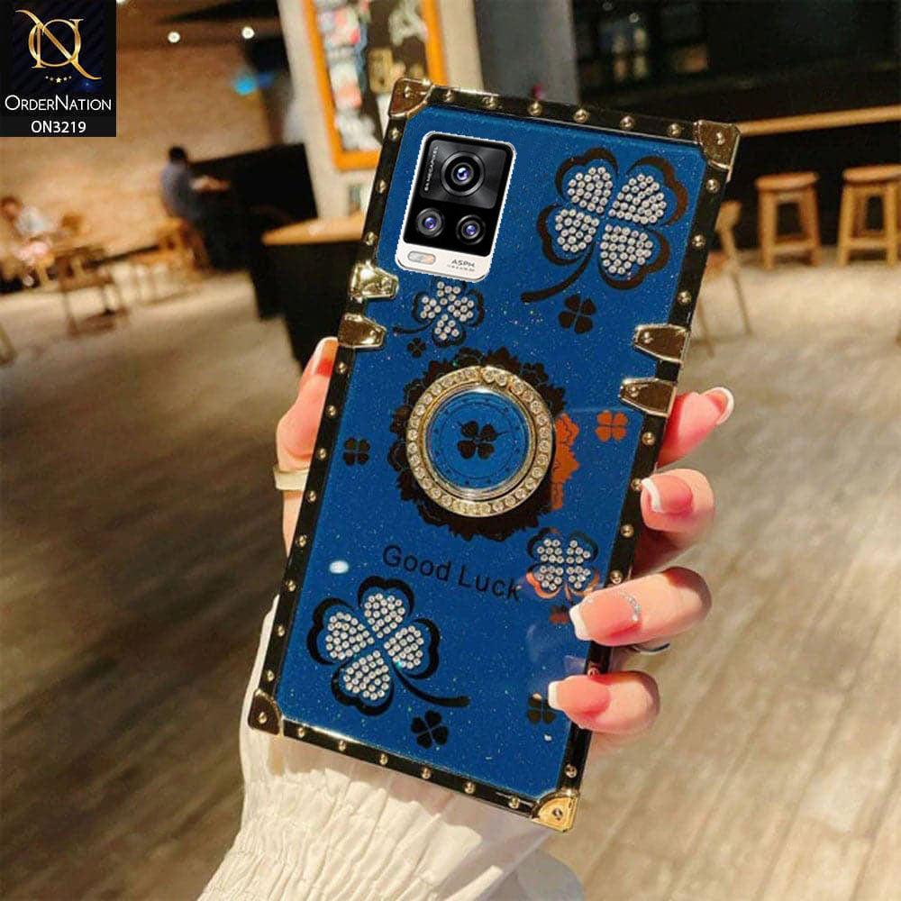 Vivo V20 Cover - Blue -  Square Bling Diamond Glitter Soft TPU Trunk Case with Ring Holder
