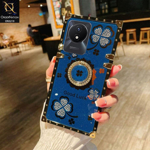 Vivo Y11 2023 Cover - Blue - Square Bling Diamond Glitter Soft TPU Trunk Case with Ring Holder