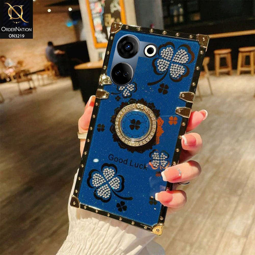 Tecno Camon 20 Cover - Blue -  Square Bling Diamond Glitter Soft TPU Trunk Case with Ring Holder