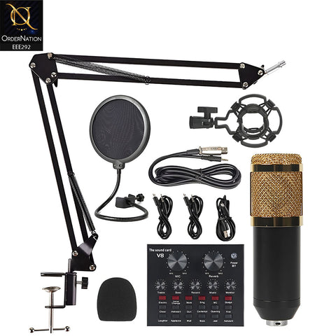 V8 Podcast Mic Set With Live Sound Card,Condenser Microphone With Rechargeable 12 Kinds Of Auxiliary Background For Karaoke Singing, Youtube Recording Mic - Black