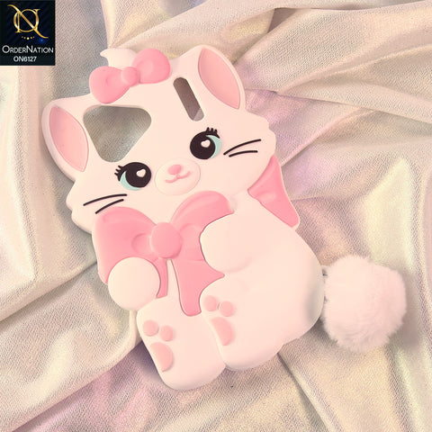 iPhone 17 Pro Max Cover - White - Premium 3D Cartoon Character Soft Silicone Mobile Cover with Cute Pink Bow & Pom Pom Tail